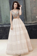 Unique v neck tulle lace long prom dress tulle lace formal dress