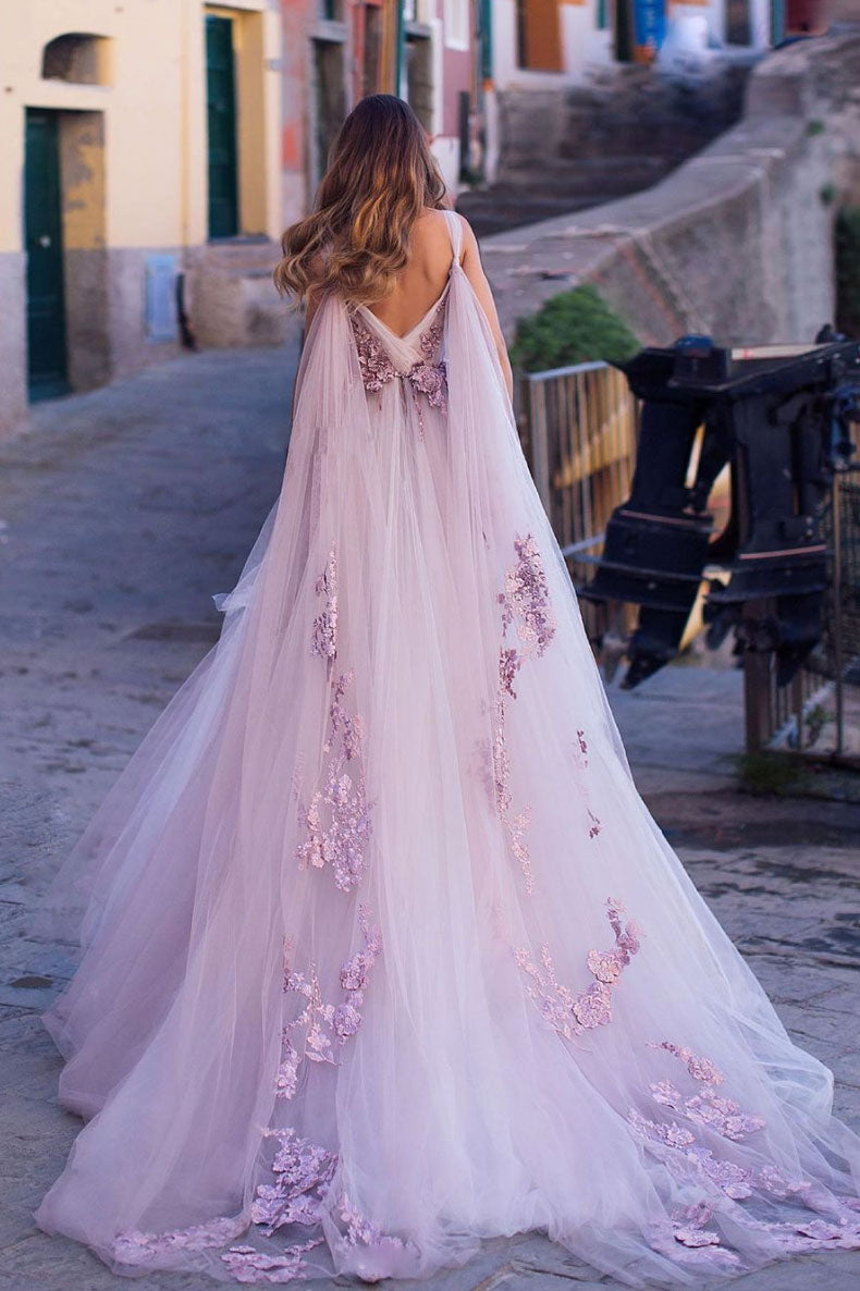 Unique v neck tulle lace long light purple prom dress tulle lace formal dress