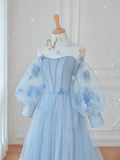 Blue tulle lace long prom dress, blue tulle lace long evening dress