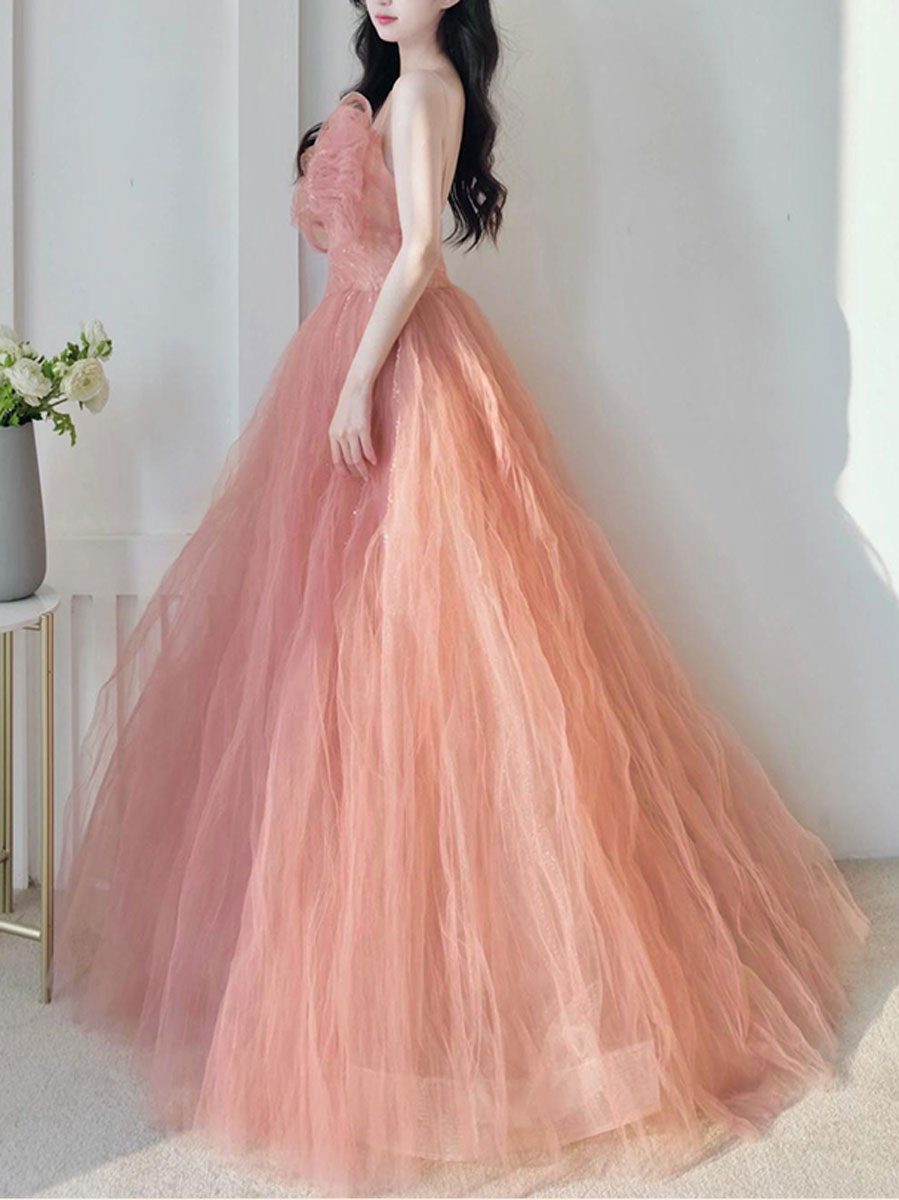 Pink tulle sequin long prom dress, pink tulle formal dress
