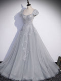 A-Line Gray Tulle Sequin Long Prom Dress
