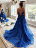 Blue round neck tulle lace long prom dress, blue lace evening dress