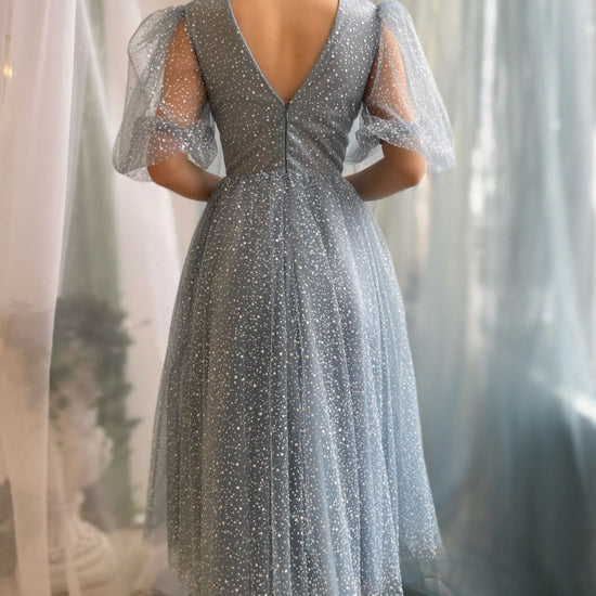 Aline Tea Length Gray Blue Prom Dress, Gray Blue Formal Wedding Party –  dresstby