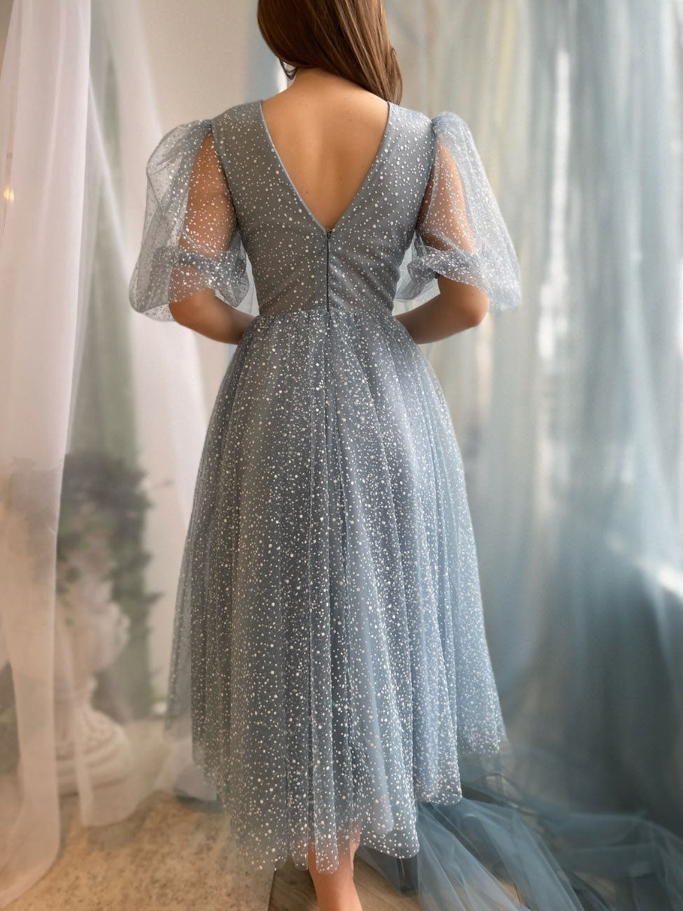 Aline Tea Length Gray Blue Prom Dress, Gray Blue Formal Wedding Party Aline Tea Length Gray Blue Prom Dress, Gray Blue Formal Wedding Party