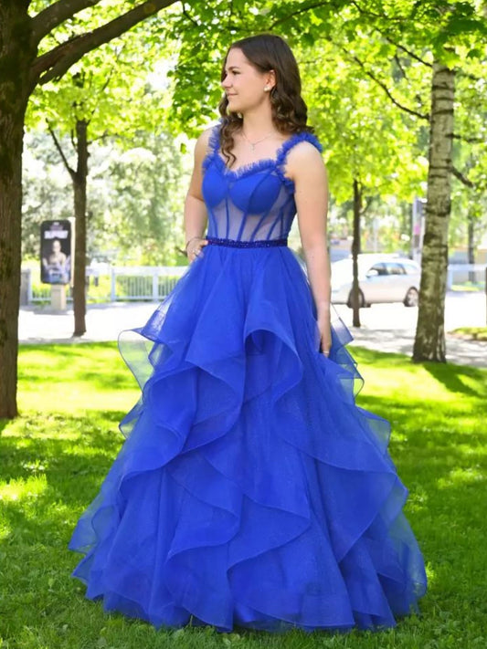 Royal blue  sweetheart neck tulle long prom dress blue formal dress