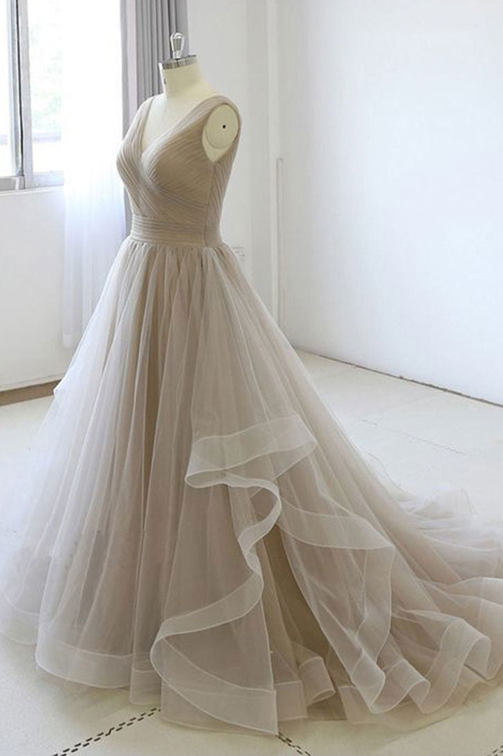 Simple v neck tulle light gray long prom dress tulle formal dress