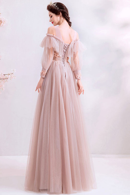 Pink round neck tulle lace long prom dress tulle lace evening dress