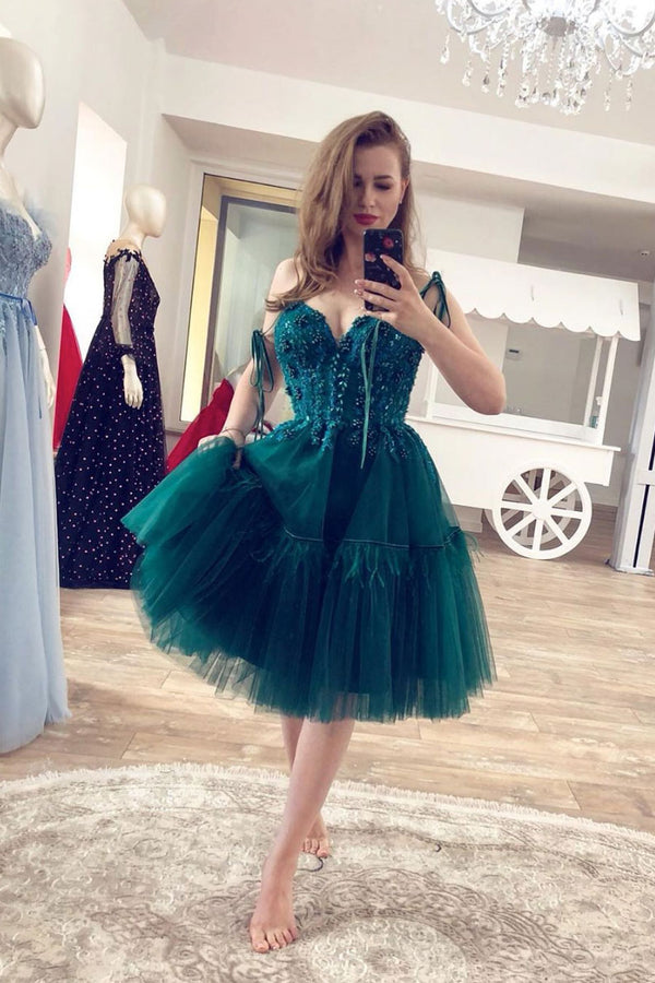 Green v neck tulle lace short prom dress lace homecoming dress