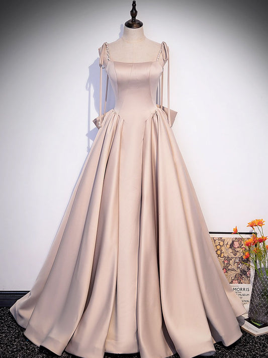Champagne A-Line Satin Long Prom Dresses, Champagne Formal Evening Dress