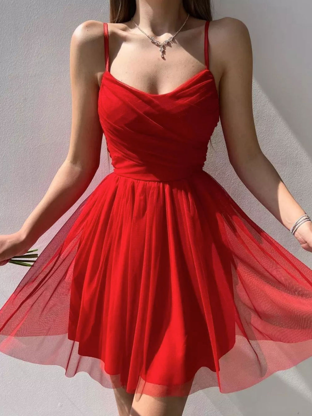 Simple red short prom dress, red tulle formal party dress