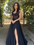 A-Line Lace Tulle Black Long Prom Dress