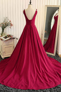 Red v neck satin long prom dress, red evening dress