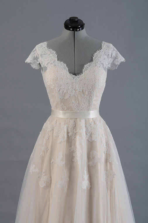 A-line champagne tulle lace long prom dress, lace wedding dress