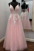 Pink v neck tulle lace long prom dress pink tulle evening dress