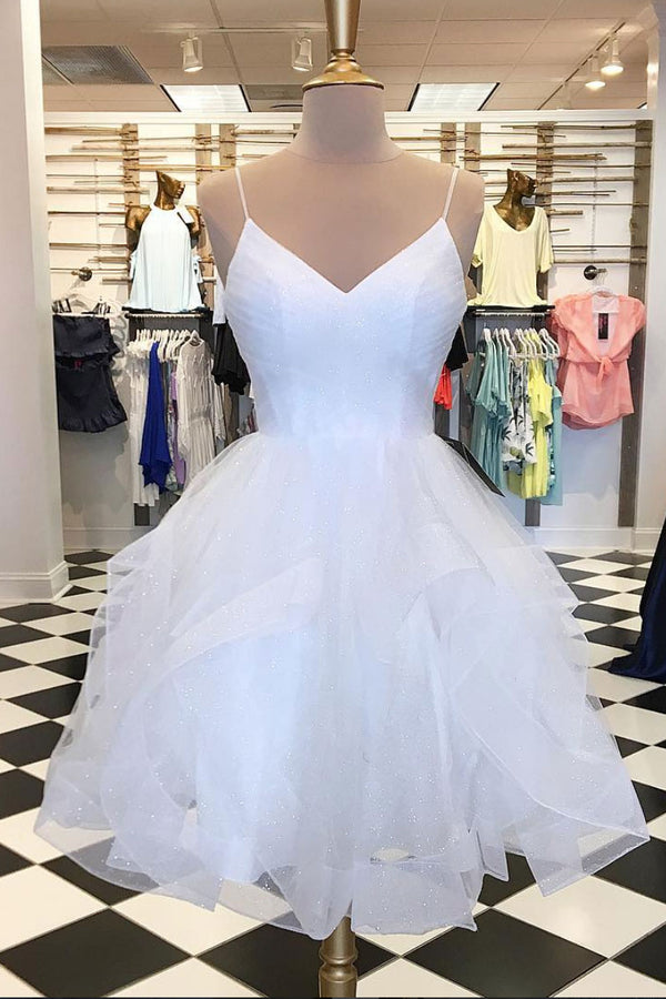 White v neck tulle short prom dress, white homecoming dress
