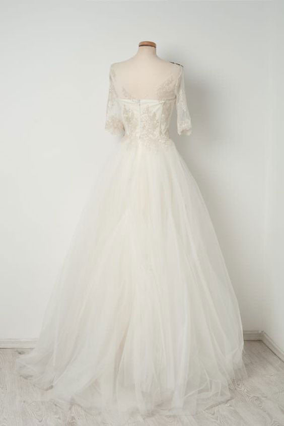 White v neck tulle lace long prom dress, white evening dress