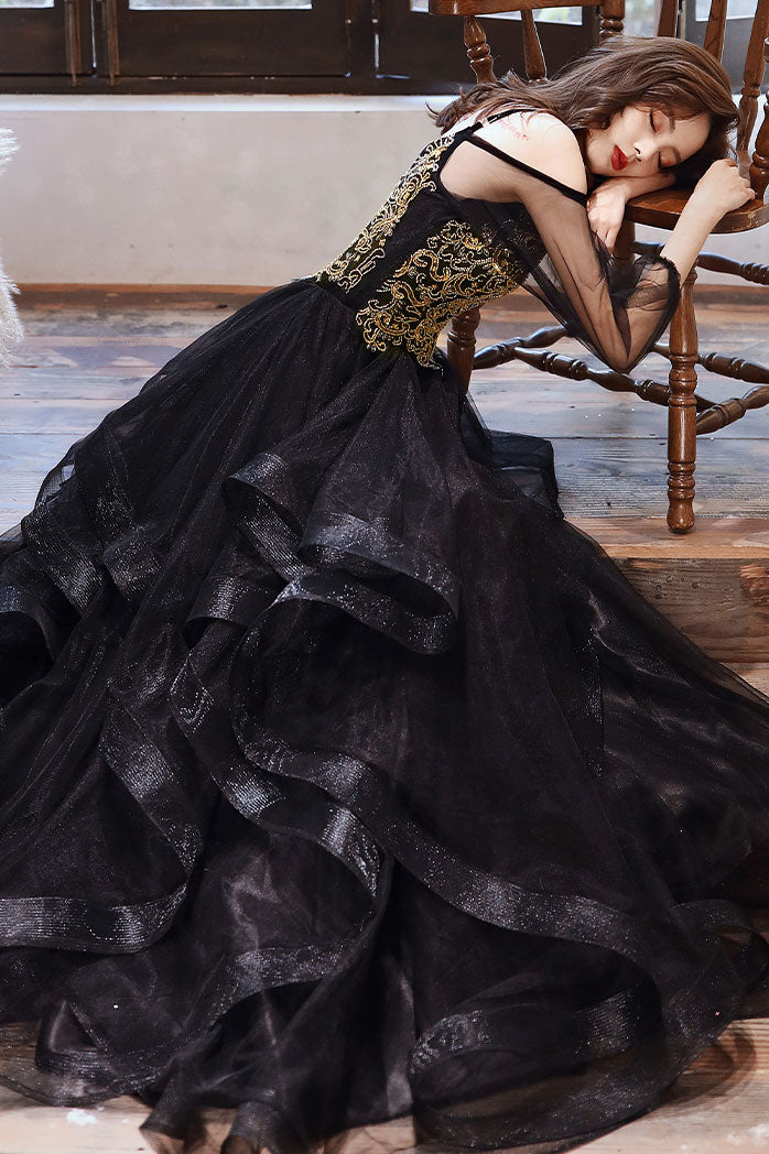 Black sweetheart tulle lace long prom dress black evening dress