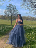 Gray blue v neck tulle lace long prom dress blue formal dress