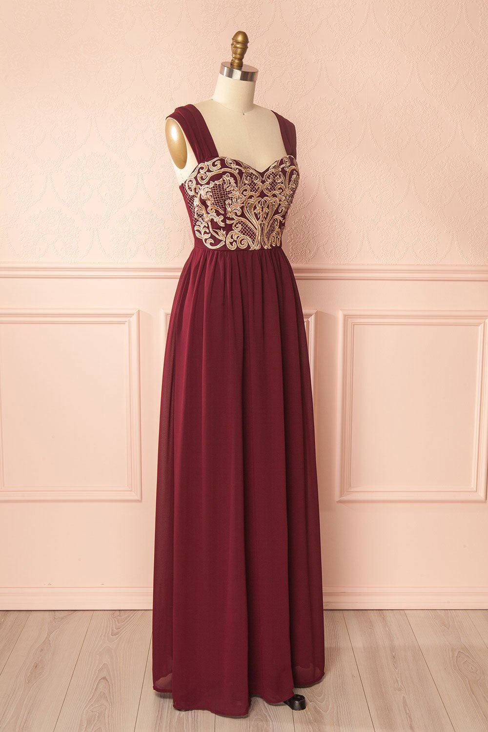 Burgundy chiffon lace applique long prom dress, burgundy evening dress