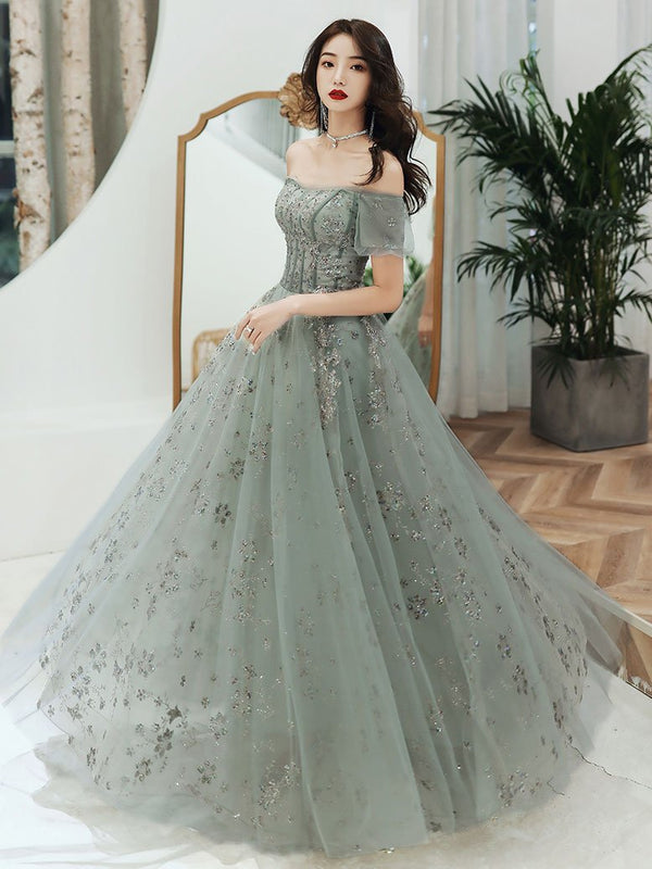 Gray tulle lace long prom dress, gray tulle long evening dress