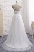 Simple white v neck tulle long prom dress