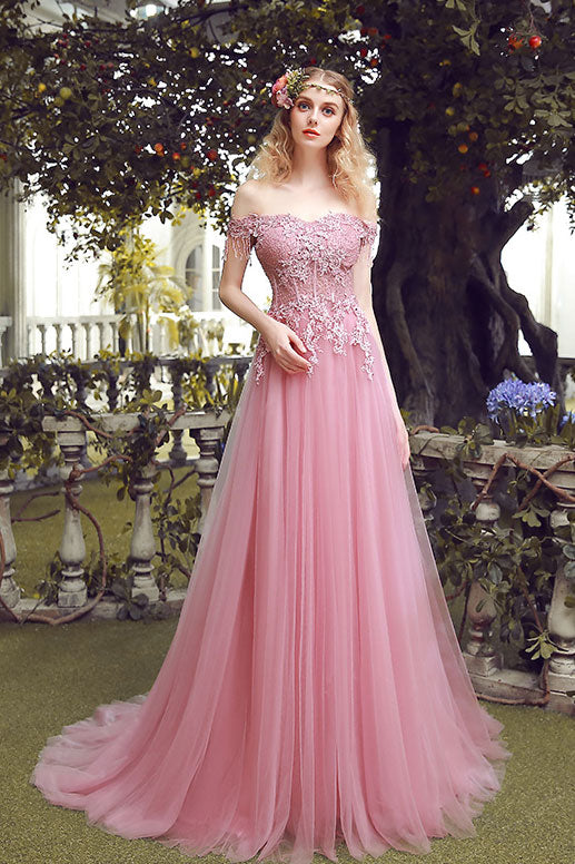 Pink off shoulder lace tulle long prom dress, pink bridesmaid dress