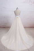 Light champagne lace tulle long prom dress, champagne lace wedding dress