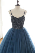 Blue tulle sequin long prom dress, blue tulle long evening dress