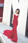 Burgundy v neck lace mermaid long prom dress, burgundy evening dress