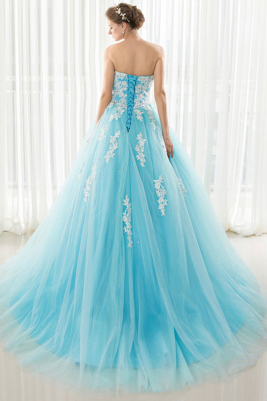 Blue tulle lace applique long prom dress, blue evening dress