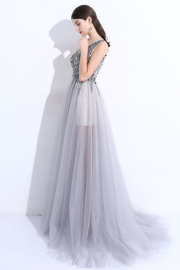 Gray v neck tulle beads long prom dress, gray evening dress