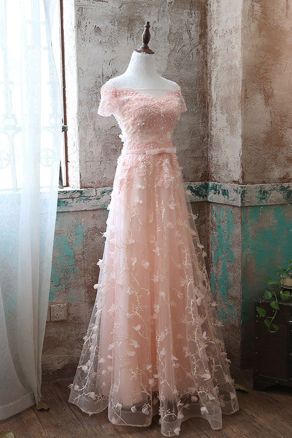 Pink lace tulle long prom dress pink evening dresses