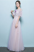 Pink tulle lace long prom dress tulle applique formal dress