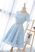 Cute 3D lace short blue prom dress, blue homecoming dress