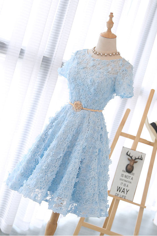 Cute 3D lace short blue prom dress, blue homecoming dress dresstby Cute 3D lace short blue prom dress, blue homecoming dress dresstby