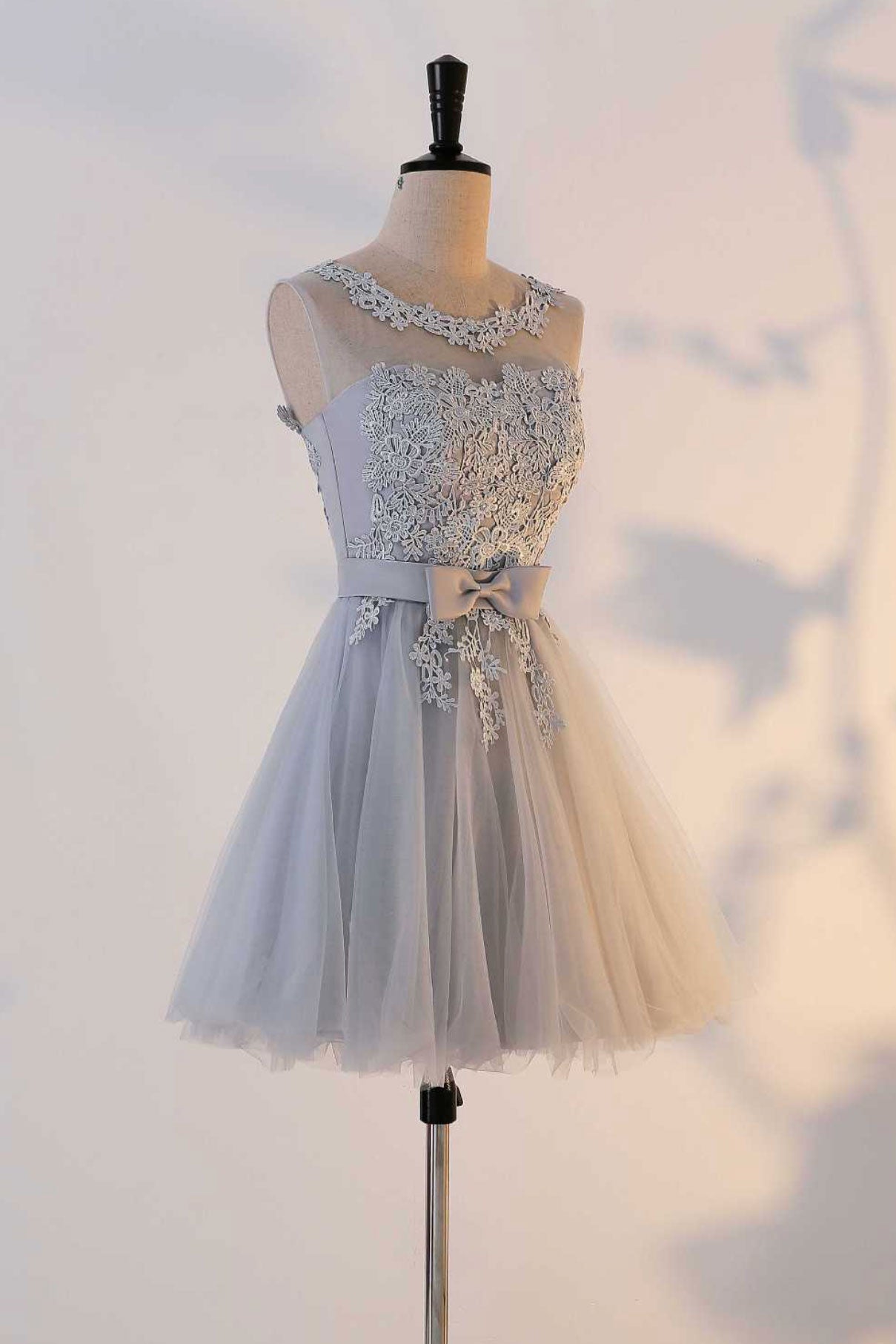 Cute gray round neck  tulle lace short prom dress, gray homecoming dress