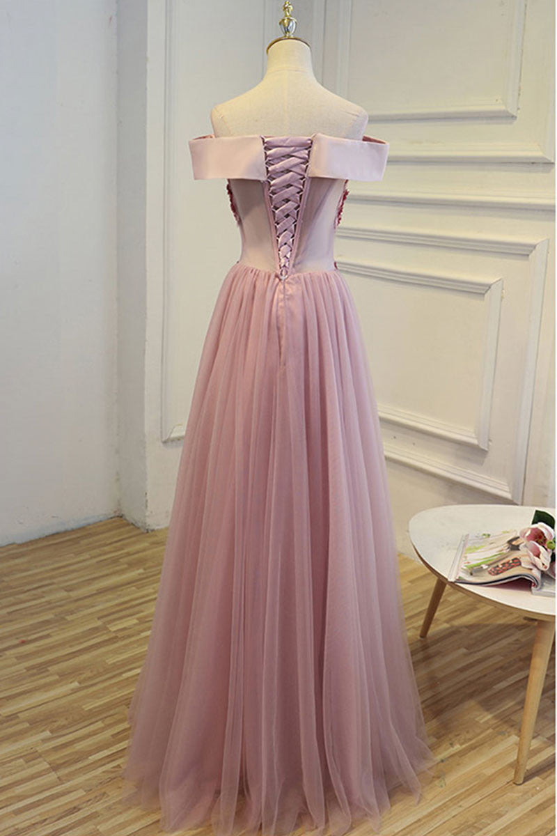 A-line off shoulder tulle long prom dress, tulle bridesmaid dress