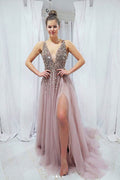 Pink v neck sequin beads long prom dress, pink evening dress