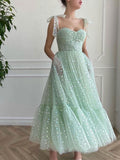 Green sweetheart neck tulle tea length prom dress green bridesmaid dress