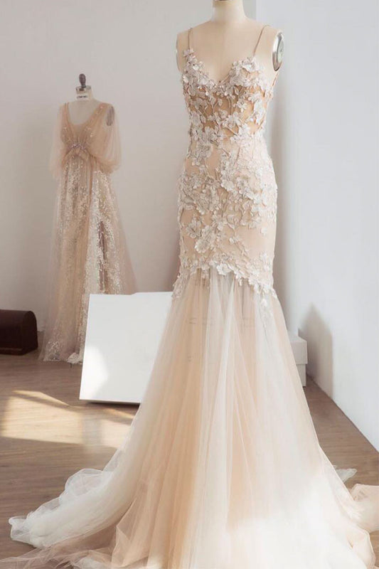 unique v neck lace applique long wedding dress, champagne tulle lace bridal dress