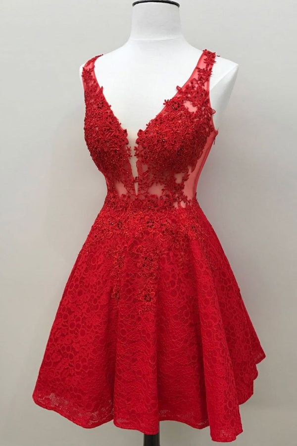 Red v neck lace short prom dress, red homecoming dress
