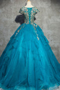Unique blue round neck tulle applique long prom dress, blue evening dress