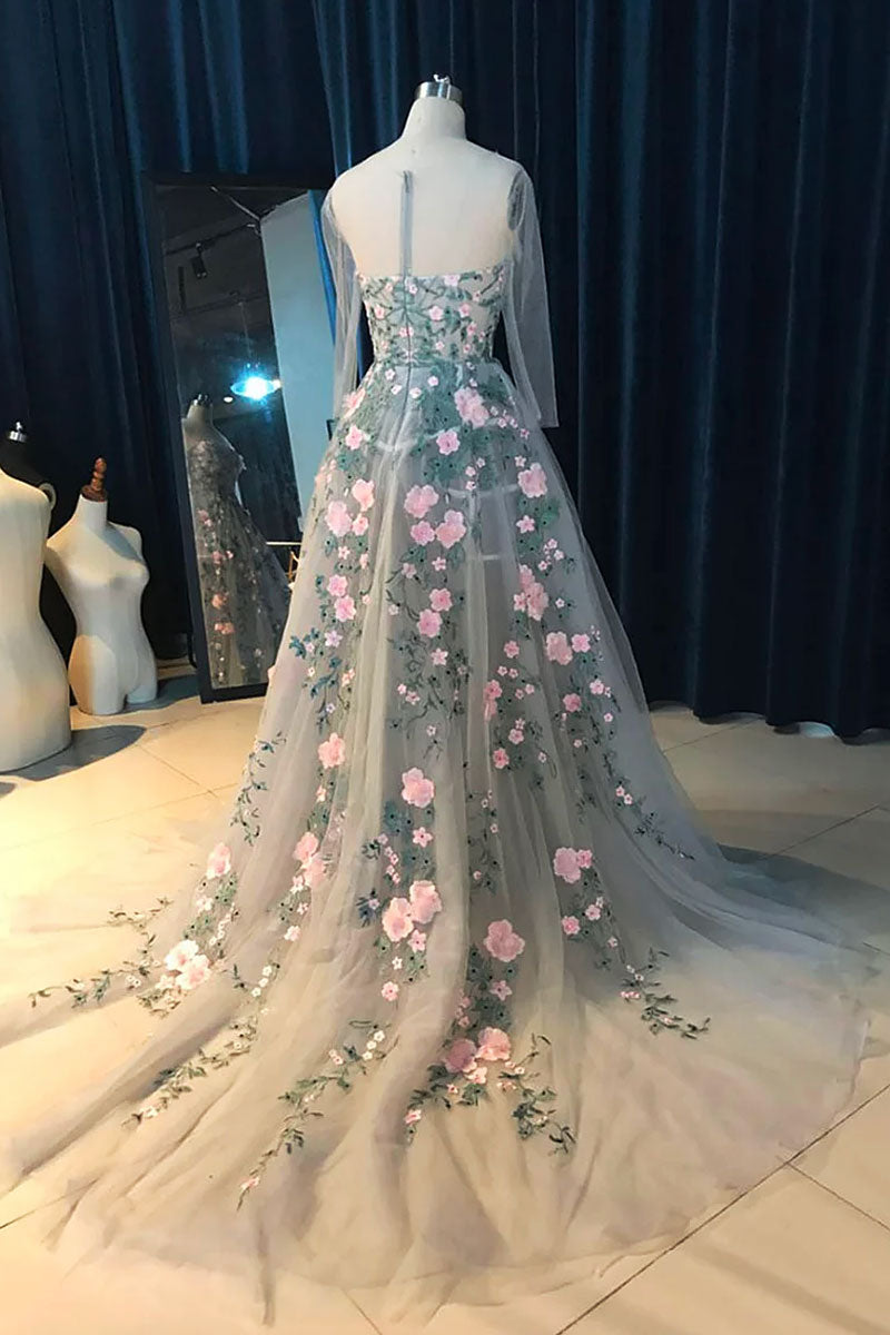 Unique gray round neck tulle applique long prom dress, evening dress