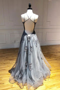 Gray tulle lace long prom dress gray tulle evening dress