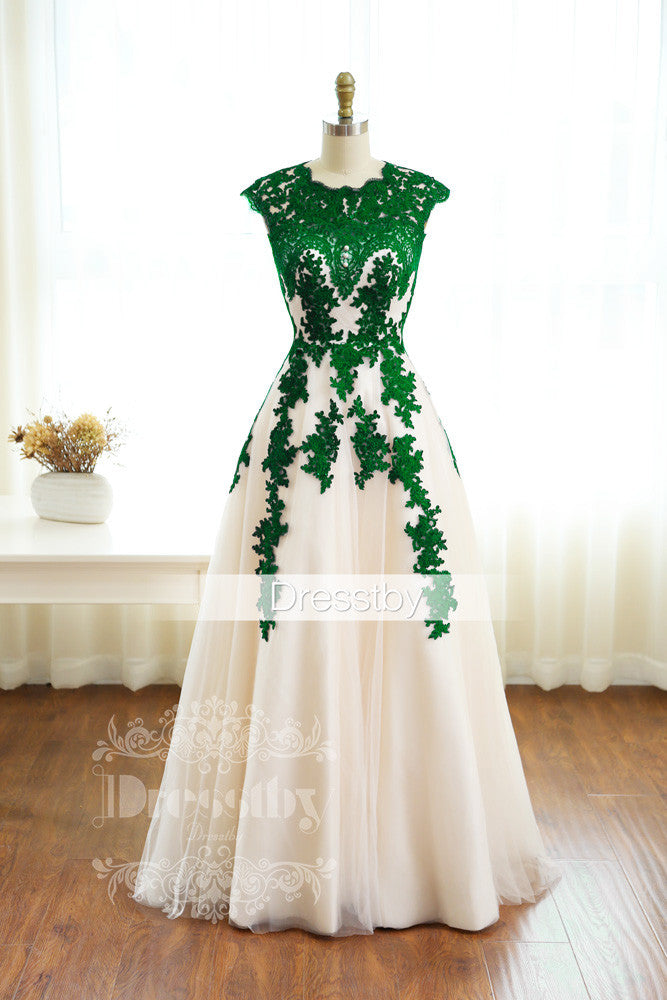 Green lace long prom dress, green bridesmaid dress