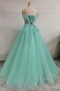 Green tulle lace long prom dress, green tulle evening dress