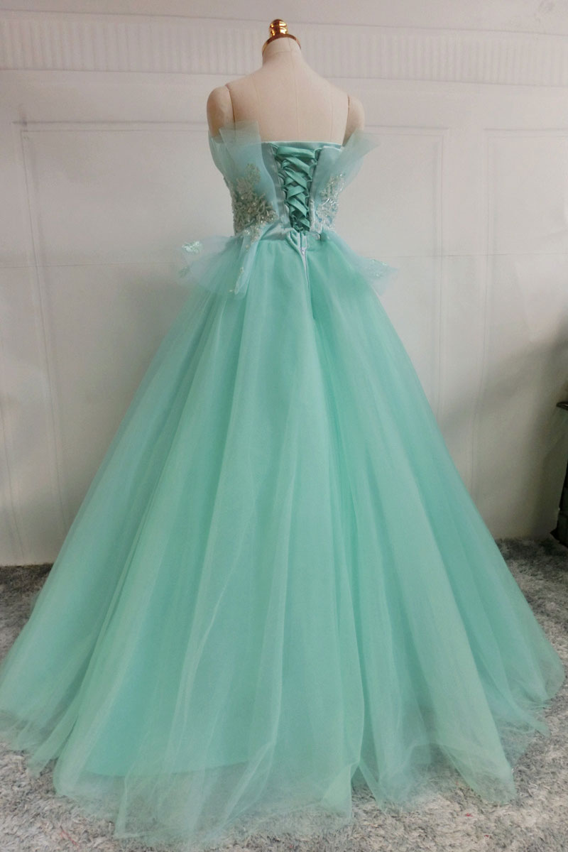 Green tulle lace long prom dress, green tulle evening dress
