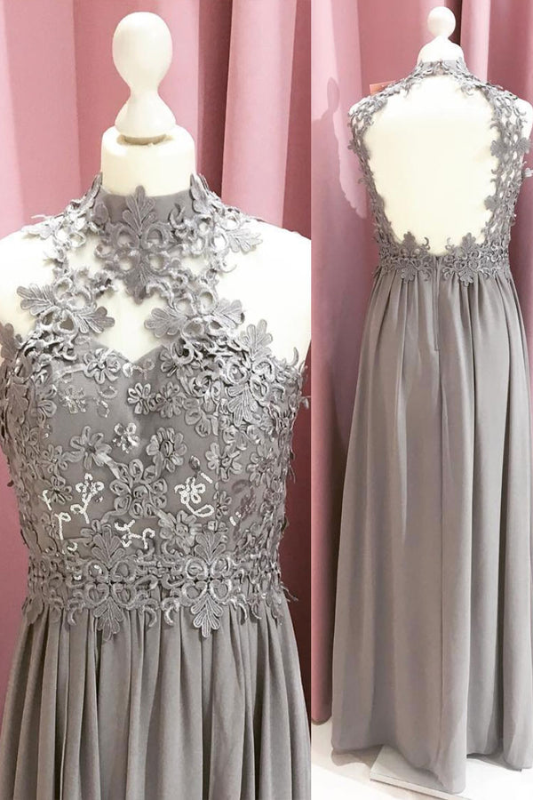 Gray chiffon lace long prom dress, gray lace long evening dress