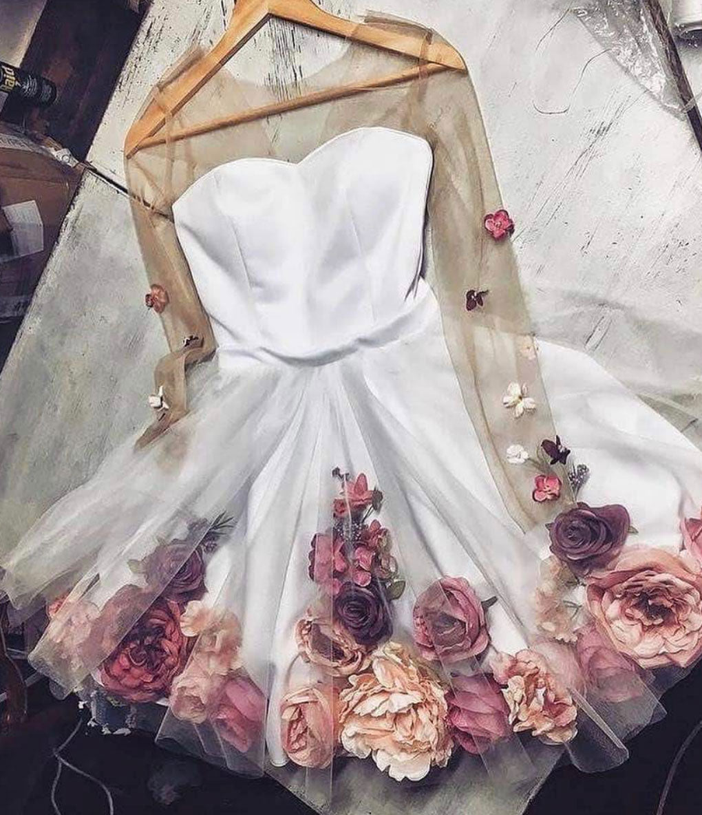 White tulle applique short prom dress, white homecoming dress