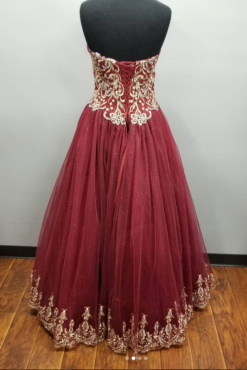 Burgundy sweetheart neck lace tulle long prom dress, burgundy evening dress
